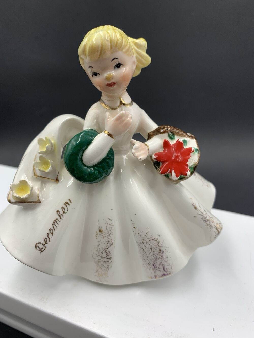 Vintage Lefton December Birthday Girl Figurine DEC Japan Poinsettia Xmas #1853